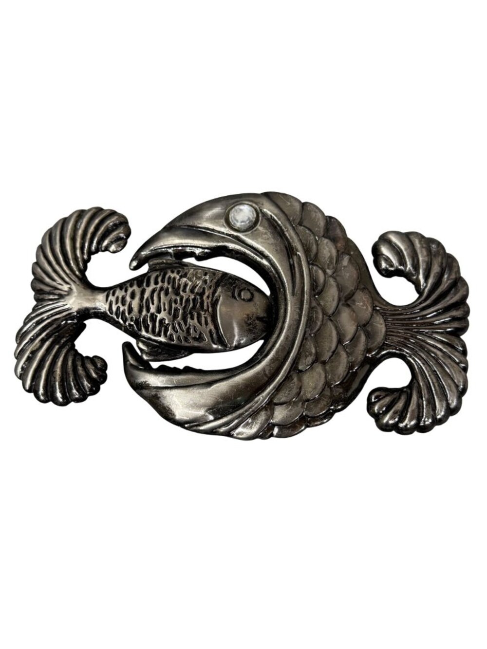 Vintage Fish Eat Fish Metal Belt Buckle 4" x 2.5" Unique Statement Kitchy Boho
